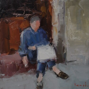 Schilderij getiteld "man with newspaper" door Saash, Origineel Kunstwerk, Olie