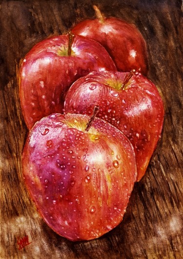 Pintura intitulada "Droplets On Apples" por Sabari Girish T, Obras de arte originais, Aquarela