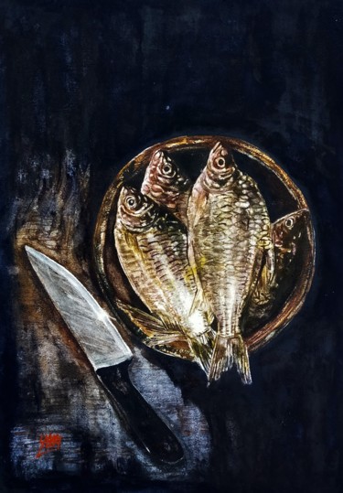 Картина под названием "Fresh Fishes" - Sabari Girish T, Подлинное произведение искусства, Акварель
