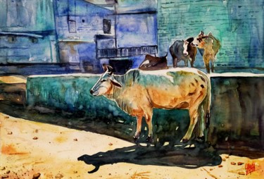 Painting titled "Street" by Sabari Girish T, Original Artwork, Watercolor