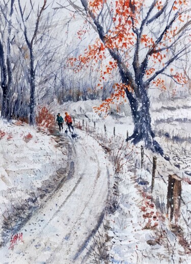 Schilderij getiteld "Winter Road" door Sabari Girish T, Origineel Kunstwerk, Aquarel