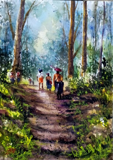 Painting titled "Pilgrims" by Sabari Girish T, Original Artwork, Watercolor