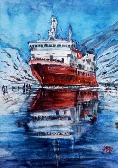 Malarstwo zatytułowany „Ship In Snow” autorstwa Sabari Girish T, Oryginalna praca, Akwarela
