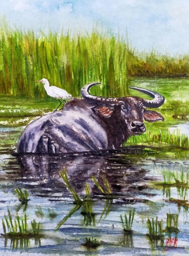 Schilderij getiteld "Water Buffalo" door Sabari Girish T, Origineel Kunstwerk, Aquarel