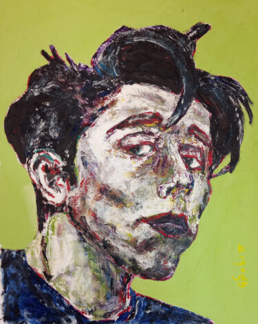 Painting titled "Boy 1" by Sabin, Original Artwork, Acrylic Mounted on Cardboard