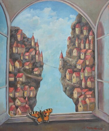 绘画 标题为“Za oknem miasteczko” 由Sabina Salamon Konieczny, 原创艺术品, 油