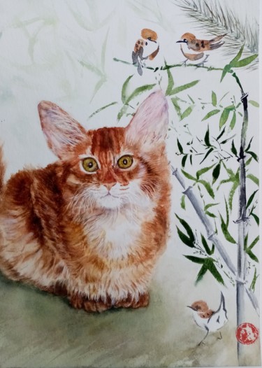 Painting titled "The Chinese Cat" by Sabine Dumont De Lalande, Original Artwork, Watercolor