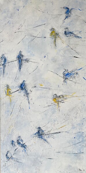 Painting titled "Birds II" by Sabine Kay, Original Artwork, Oil Mounted on Wood Stretcher frame