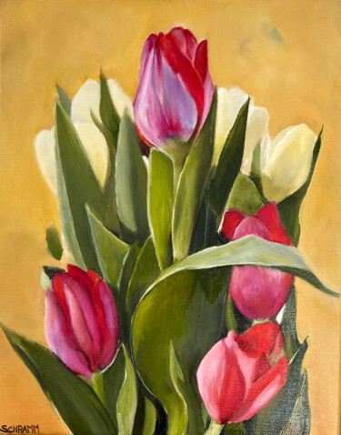 Painting titled "Tulpen pink (#22020…" by Sabine Schramm, Original Artwork, Oil Mounted on Wood Stretcher frame