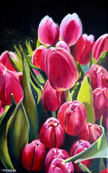 Peinture intitulée "Tulpen pink II" par Sabine Schramm, Œuvre d'art originale, Huile Monté sur Châssis en bois
