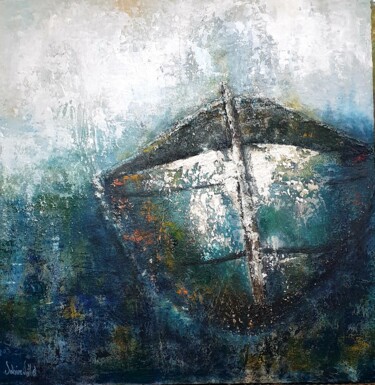 Painting titled "La barque" by Sabine Veillet, Original Artwork, Acrylic Mounted on Wood Stretcher frame