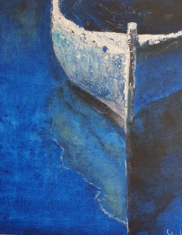 Malerei mit dem Titel "La barque bleue" von Sabine Veillet, Original-Kunstwerk, Acryl Auf Keilrahmen aus Holz montiert