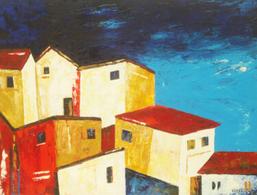 Painting titled "Griechisches Dorf" by Sabine Voigt, Original Artwork, Oil Mounted on Wood Stretcher frame