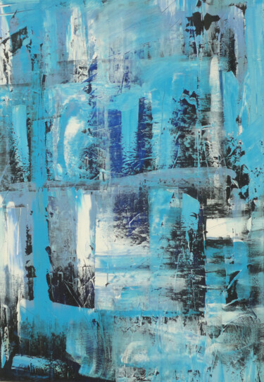 Painting titled "Abstraktes Blau" by Sabine Voigt, Original Artwork, Oil Mounted on Wood Stretcher frame
