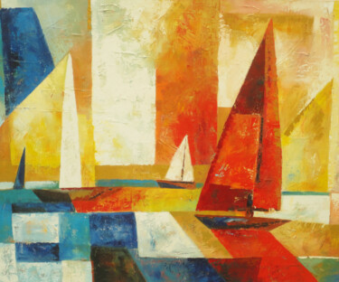 Malerei mit dem Titel "rote Segelschiffe" von Sabine Voigt, Original-Kunstwerk, Öl Auf Keilrahmen aus Holz montiert