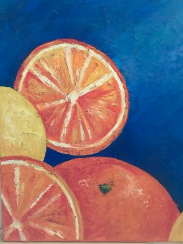 Painting titled "Orangen Stilleben" by Sabine Voigt, Original Artwork, Oil Mounted on Wood Stretcher frame
