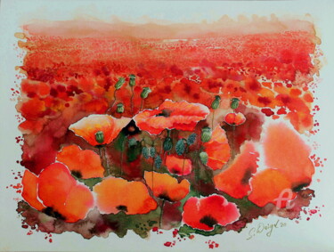 Painting titled "Mohnfeld" by Sabine Weigel, Original Artwork, Watercolor