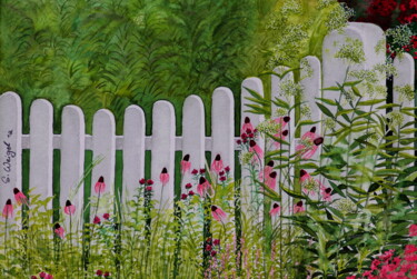 Malerei mit dem Titel "Der Gartenzaun" von Sabine Weigel, Original-Kunstwerk, Aquarell
