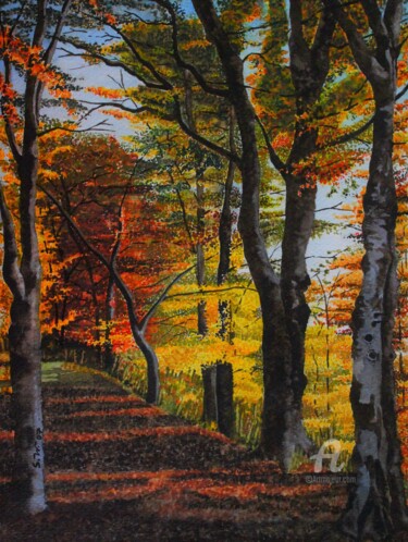 Malerei mit dem Titel "Der Herbstwald" von Sabine Weigel, Original-Kunstwerk, Aquarell