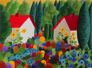 Malerei mit dem Titel "Im Garten" von Sabine Weigel, Original-Kunstwerk, Aquarell