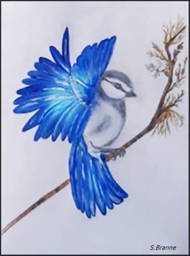 Drawing titled "L'oiseau bleu" by Sabine Branne, Original Artwork, Watercolor