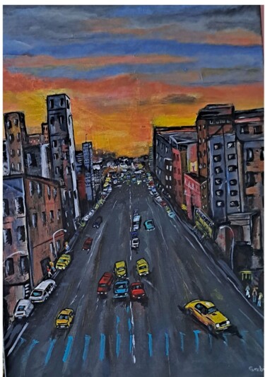 Painting titled "chicago street" by Sabine M, Original Artwork, Acrylic Mounted on Wood Stretcher frame