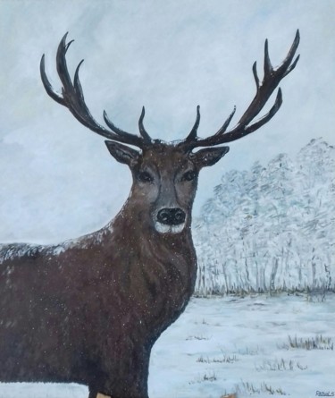 Peinture intitulée "cerf sous la neige" par Sabrina Rabin, Œuvre d'art originale, Acrylique