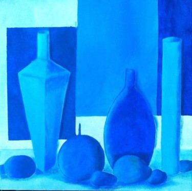 Painting titled "Les bouteilles bleu…" by Sabrina Riggio, Original Artwork, Acrylic