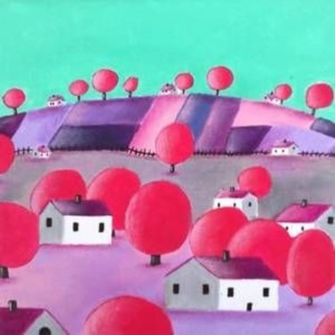 Painting titled "Le village aux arbr…" by Sabrina Riggio, Original Artwork, Acrylic