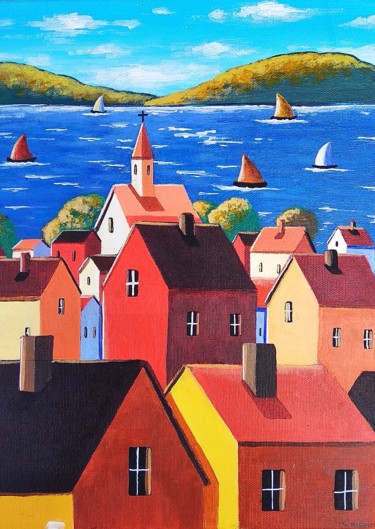 Belle journée au port de Saint Émile Peinture intitulée "Belle journée au po…" par Sabrina Riggio, Œuvre d'art originale, Acrylique