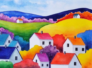 Painting titled "Campagne arc en ciel" by Sabrina Riggio, Original Artwork, Watercolor