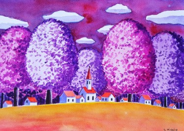 Картина под названием "Le village aux ceri…" - Sabrina Riggio, Подлинное произведение искусства, Акварель