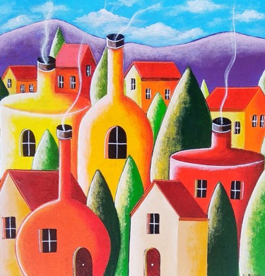 Painting titled "L'étrange village" by Sabrina Riggio, Original Artwork, Acrylic