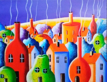 Painting titled "L'étrange village #2" by Sabrina Riggio, Original Artwork, Acrylic