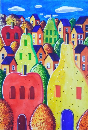 Malerei mit dem Titel "L'étrange village #3" von Sabrina Riggio, Original-Kunstwerk, Aquarell