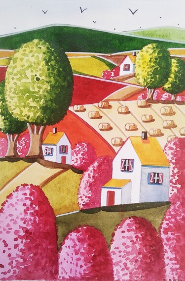 Peinture intitulée "Les champs aux ceri…" par Sabrina Riggio, Œuvre d'art originale, Aquarelle