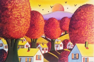 Painting titled "Soirée d'automne" by Sabrina Riggio, Original Artwork, Watercolor