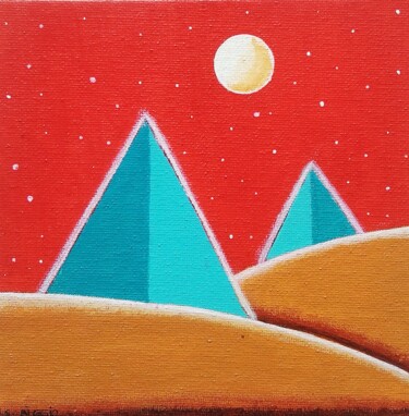 Painting titled "Les pyramides bleues" by Sabrina Riggio, Original Artwork, Acrylic Mounted on Cardboard