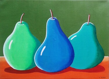 Painting titled "Les poires bleues" by Sabrina Riggio, Original Artwork, Acrylic Mounted on Wood Stretcher frame
