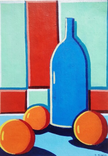 Картина под названием "Oranges et bouteill…" - Sabrina Riggio, Подлинное произведение искусства, Акрил