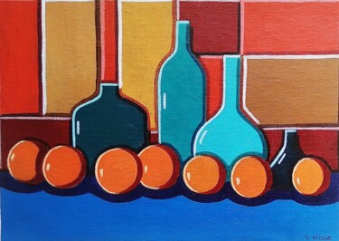 Schilderij getiteld "Oranges et bouteill…" door Sabrina Riggio, Origineel Kunstwerk, Acryl