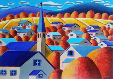 Malerei mit dem Titel "Le village bleu" von Sabrina Riggio, Original-Kunstwerk, Acryl