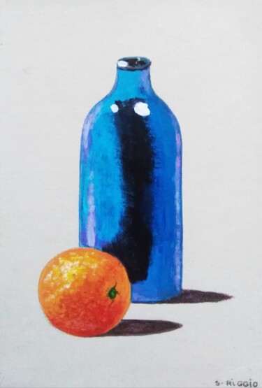 Painting titled "Orange et bouteille…" by Sabrina Riggio, Original Artwork, Acrylic Mounted on Wood Stretcher frame