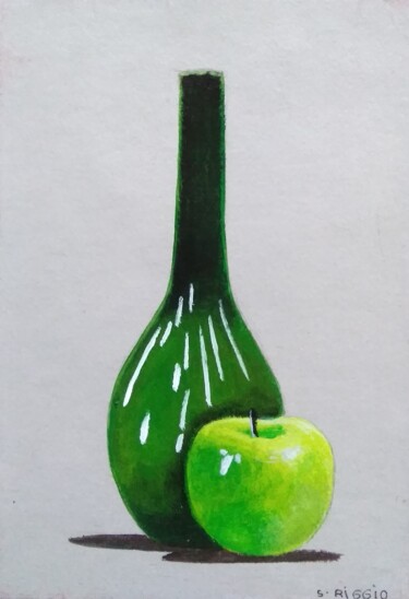 Painting titled "Pomme et bouteille…" by Sabrina Riggio, Original Artwork, Acrylic Mounted on Wood Stretcher frame