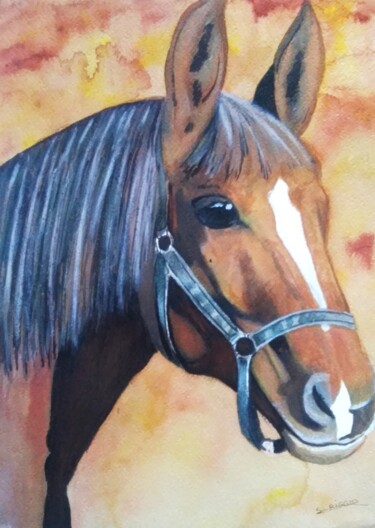 Painting titled "Portrait de cheval" by Sabrina Riggio, Original Artwork, Watercolor