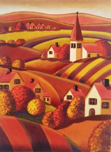 Pintura intitulada "L'automne en campag…" por Sabrina Riggio, Obras de arte originais, Aquarela