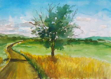 Painting titled "La route vers la ca…" by Sabrina Riggio, Original Artwork, Watercolor