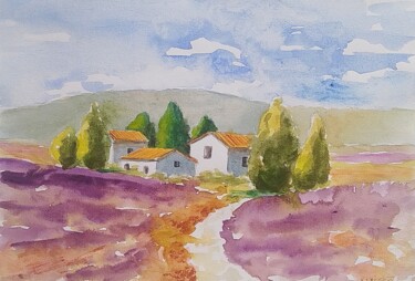 Painting titled "Paysage provençal" by Sabrina Riggio, Original Artwork, Watercolor