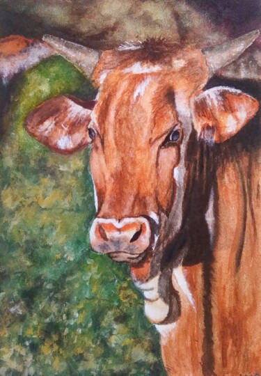 Painting titled "Vache des prés" by Sabrina Riggio, Original Artwork, Watercolor