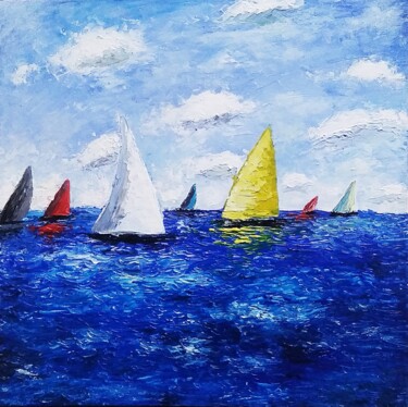 Painting titled "Voiliers en mer" by Sabrina Riggio, Original Artwork, Acrylic Mounted on Wood Stretcher frame